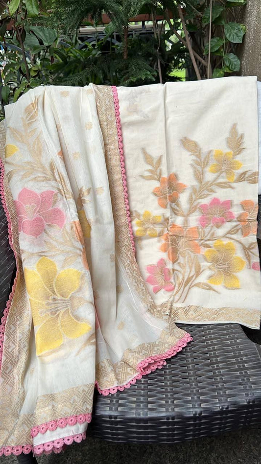 Cream Elegance – Pure Chanderi Jamdani Suits with Multi-Color Floral Weaving & Bottom