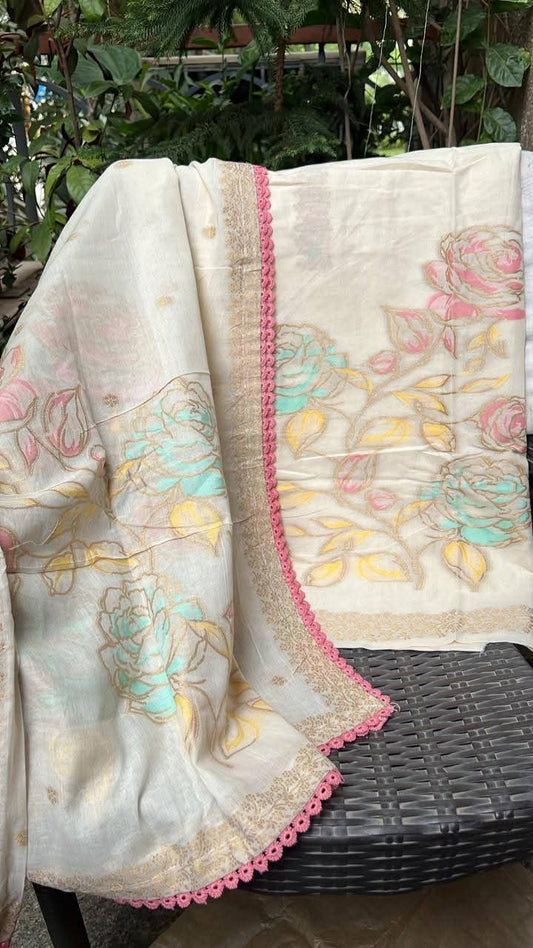 Cream Pure Chanderi Jamdani Suit with Multicolor Floral Weaving & Bottom
