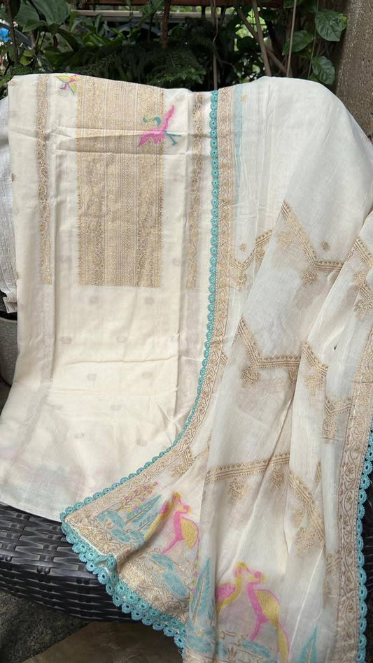 Cream Pure Chanderi Jamdani Suit with Multicolor Floral Weaving & Bottom