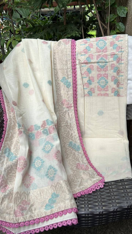 Cream Pure Chanderi Jamdani Suit with Multicolor Floral Weaving & Bottom