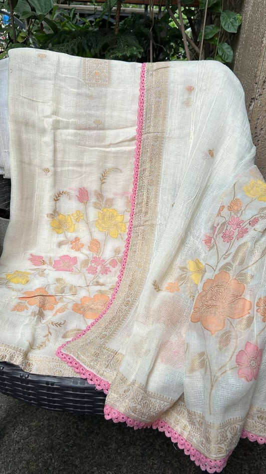 Cream Chanderi Jamdani Suit with Multicolor Floral Weaving & Bottom