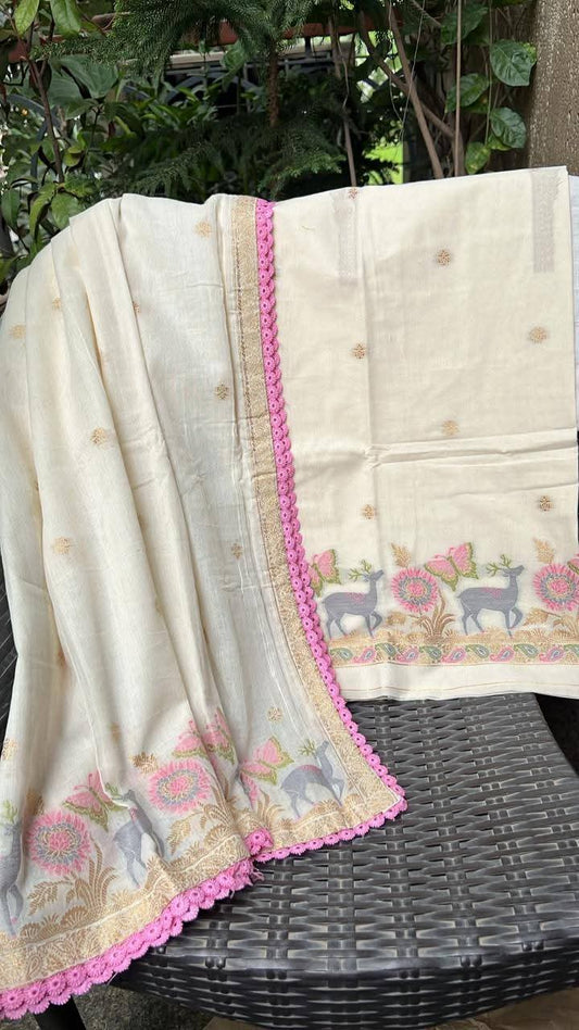 Cream Pure Chanderi Jamdani Suit with Multicolor Floral Weaving & Bottom