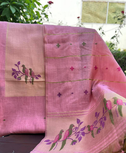 🌺 Pink Pure Chanderi Birds Jamdani Suit with Bottom 🌺
