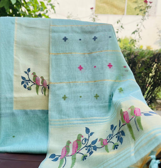 💙 Blue Pure Chanderi Birds Jamdani Suit with Bottom 💙
