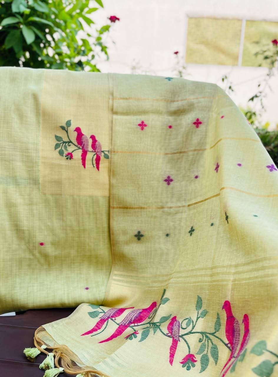 🌸 Pure Chanderi Birds Jamdani Suit with Bottom 🌸