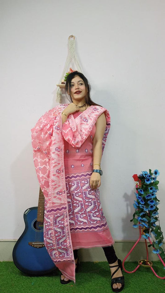 Graceful Peach Jamdani Cotton Suit Set
