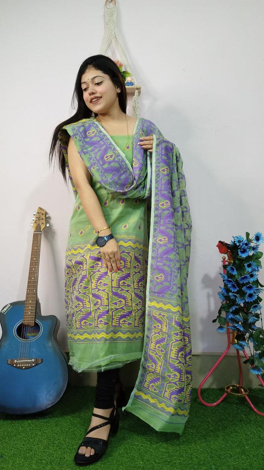 Refreshing Fern Green Jamdani Cotton Suit Set