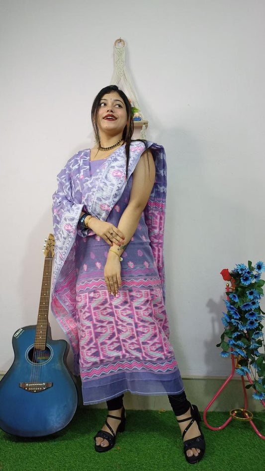 Chic Stone Blue & Pink Jamdani Cotton Suit Set