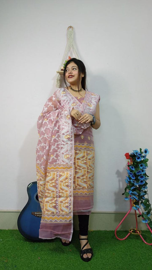 Delicate Pale Pink Jamdani Cotton Suit Set