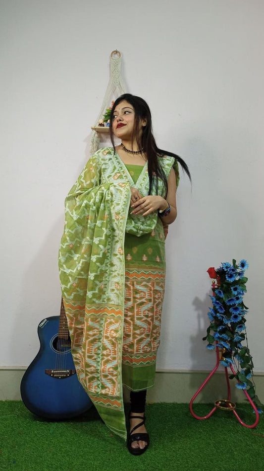 Vibrant Parrot Green Jamdani Cotton Suit Set
