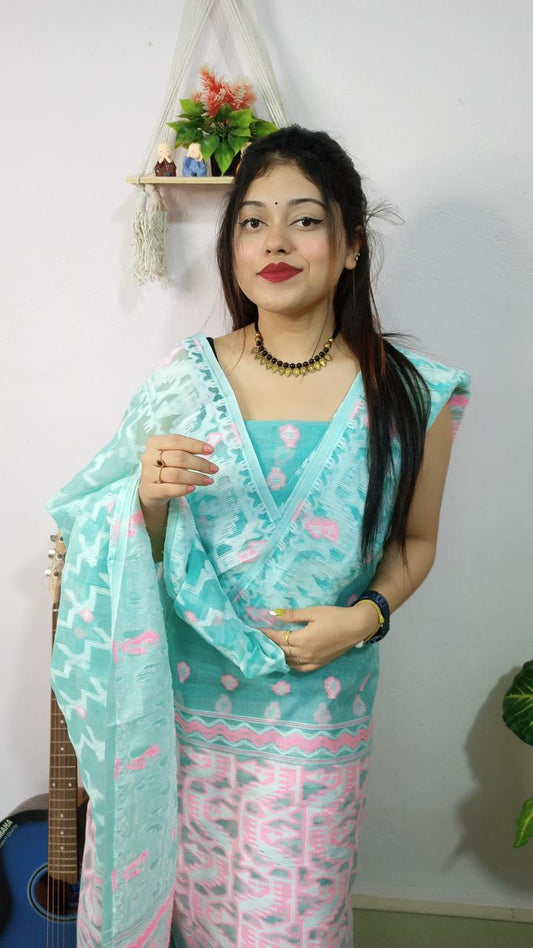 Serene Turquoise Blue Jamdani Cotton Suit Set
