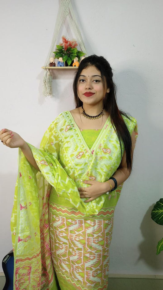 Refreshing Lemon Green Jamdani Cotton Suit Set