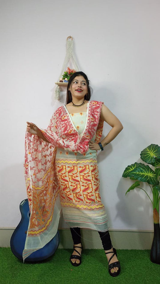 Elegant Beige Jamdani Cotton Suit Set