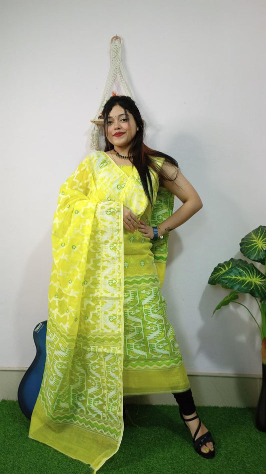 Cheerful Lemon Yellow & Green Jamdani Cotton Suit Set