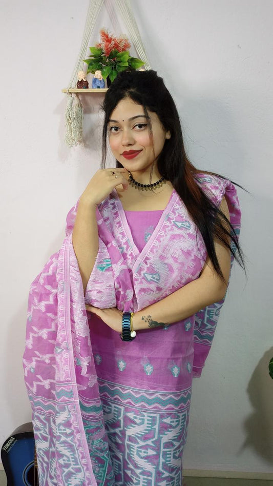Bold Neon Pink Jamdani Cotton Suit Set