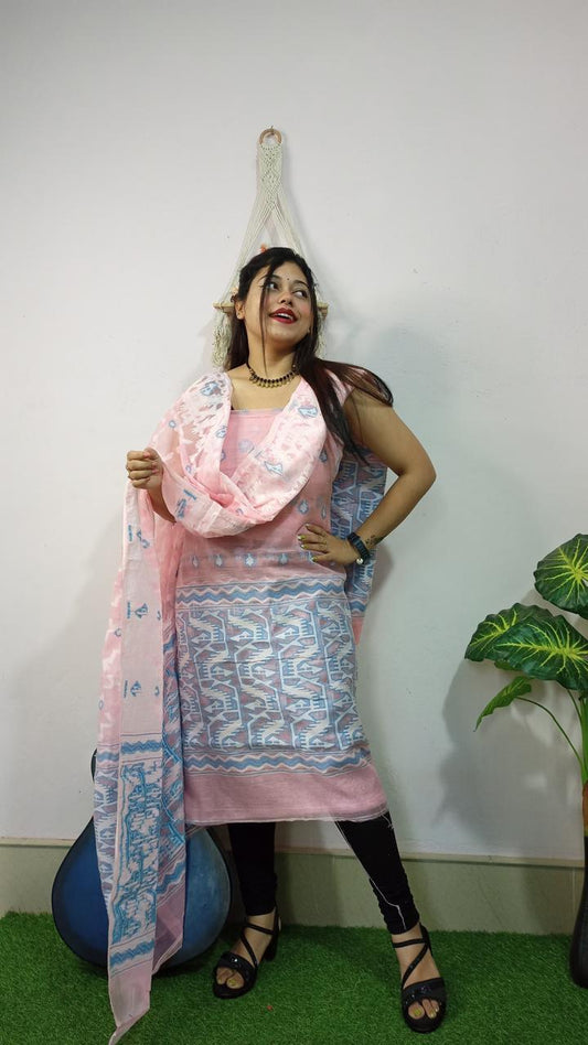 Soft Peach Jamdani Cotton Suit Set