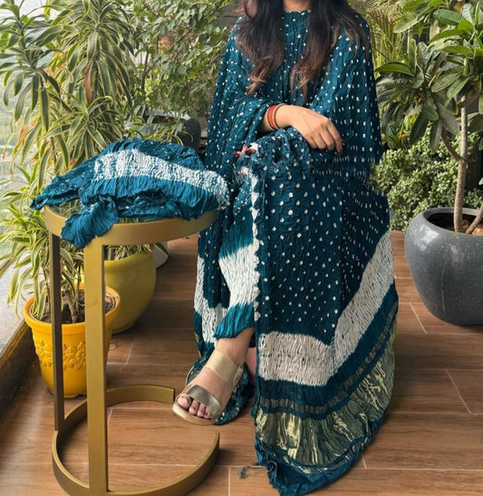 Enchanting Bright Teal Green Shibori Bandhani Suit – Pure Modal Silk