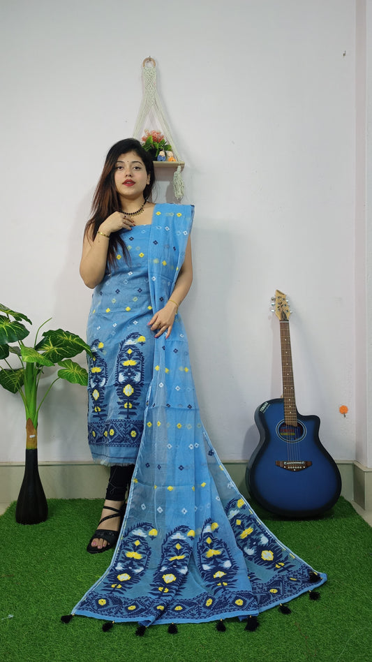 Azure Elegance – Blue Jamdani Cotton Suit