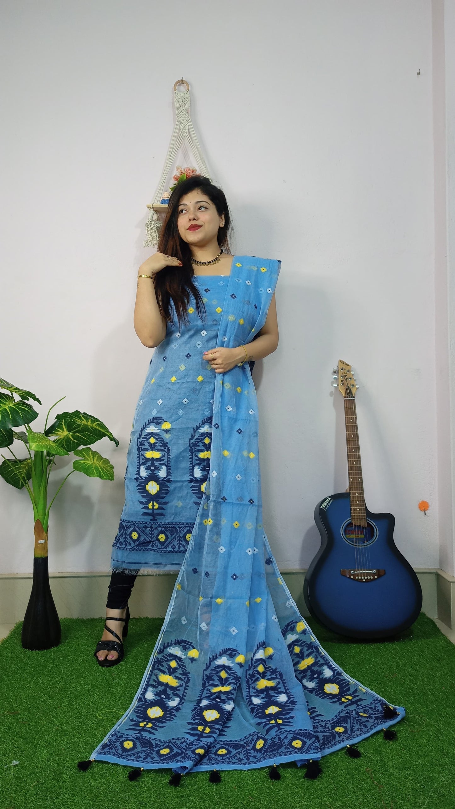 Azure Elegance – Blue Jamdani Cotton Suit