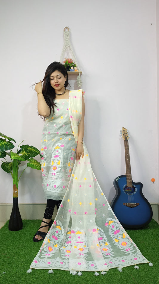 Pearl Whisper – White Jamdani Cotton Suit