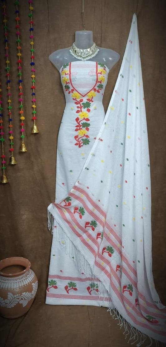 Snowflake Elegance – White Jamdani Cotton Suit