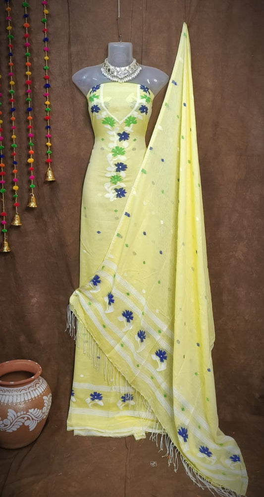 Sunshine Glow – Lemon Yellow Jamdani Cotton Suit