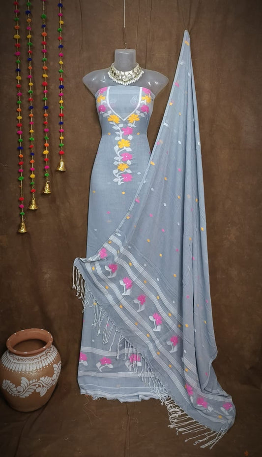 Moonlit Charm – Grey Jamdani Cotton Suit