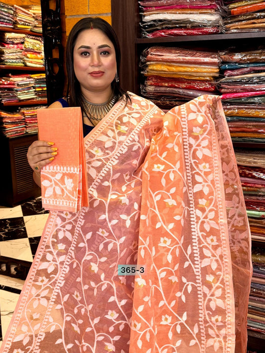 Blush Elegance – Salmon Jamdani Cotton Saree with Blouse