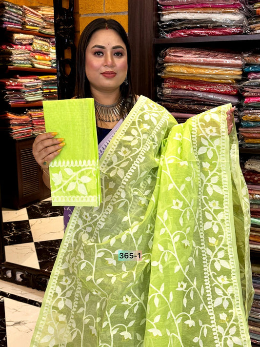 Vibrant Grace – Parrot Green Jamdani Cotton Saree with Blouse