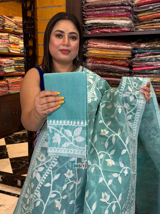 Tranquil Charm – Light Sea Green Jamdani Cotton Saree with Blouse