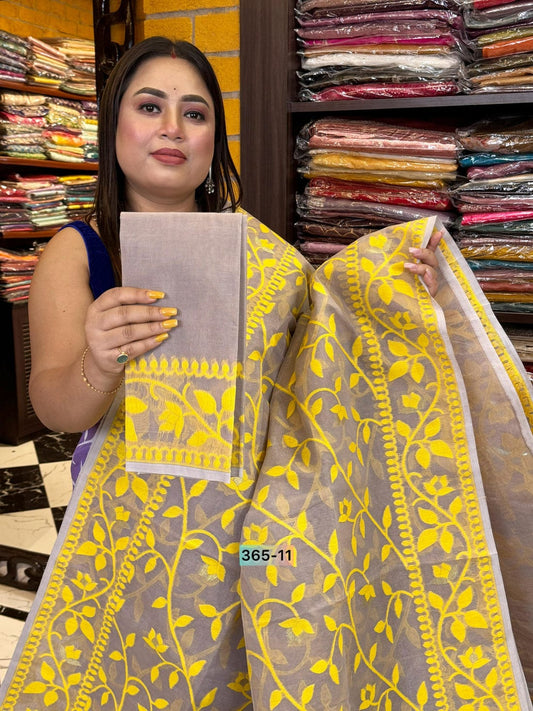 Sunshine Bloom – Yellow Floral Jamdani Cotton Saree with Blouse