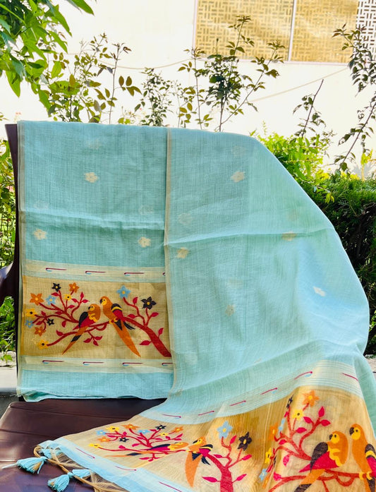 Sky Blue Pure Chanderi Jamdani Suit with Bottom