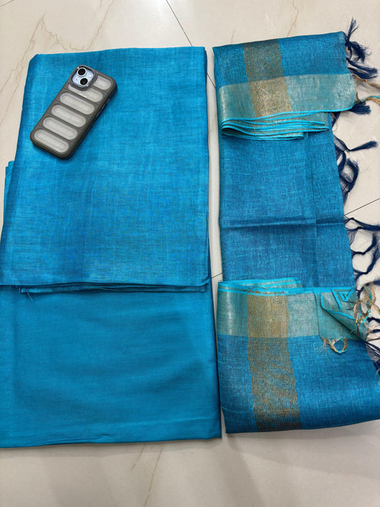 Turquoise Blue Pure Silk Linen Suit Set