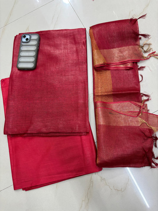 Red Pure Silk Linen Suit Set