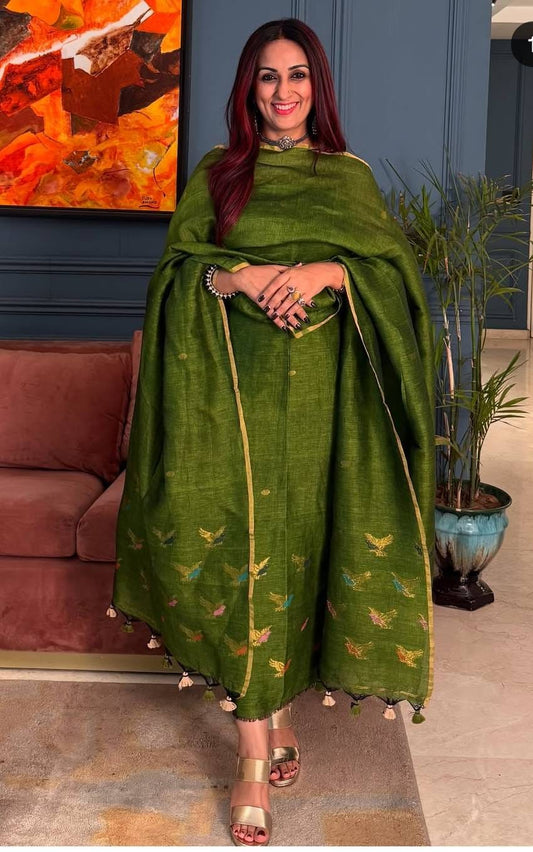 Green Handwoven Tissue Linen Suit – 2 Piece Set