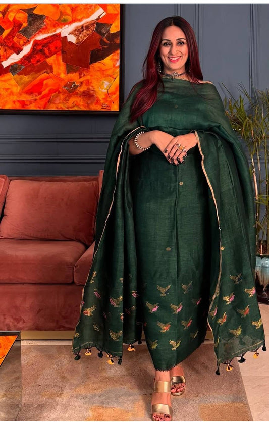 Elegant Green Handwoven Tissue Linen Suit – 2 Piece