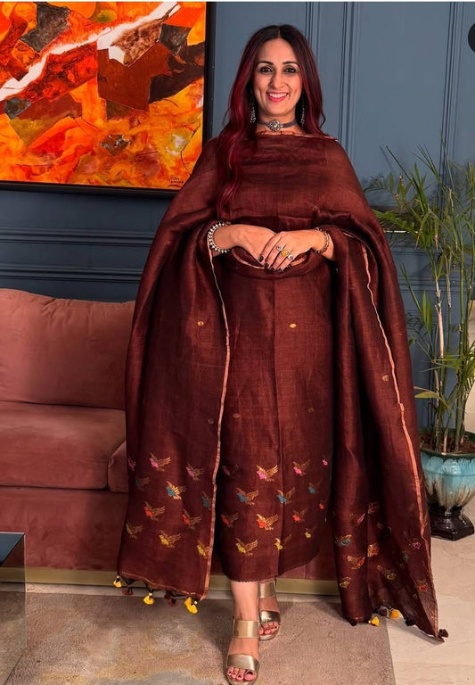 Maroon Handwoven Tissue Linen Suit – 2 Piece Set