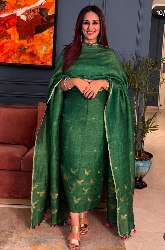 Graceful Green Handwoven Tissue Linen Suit – 2 Piece Set