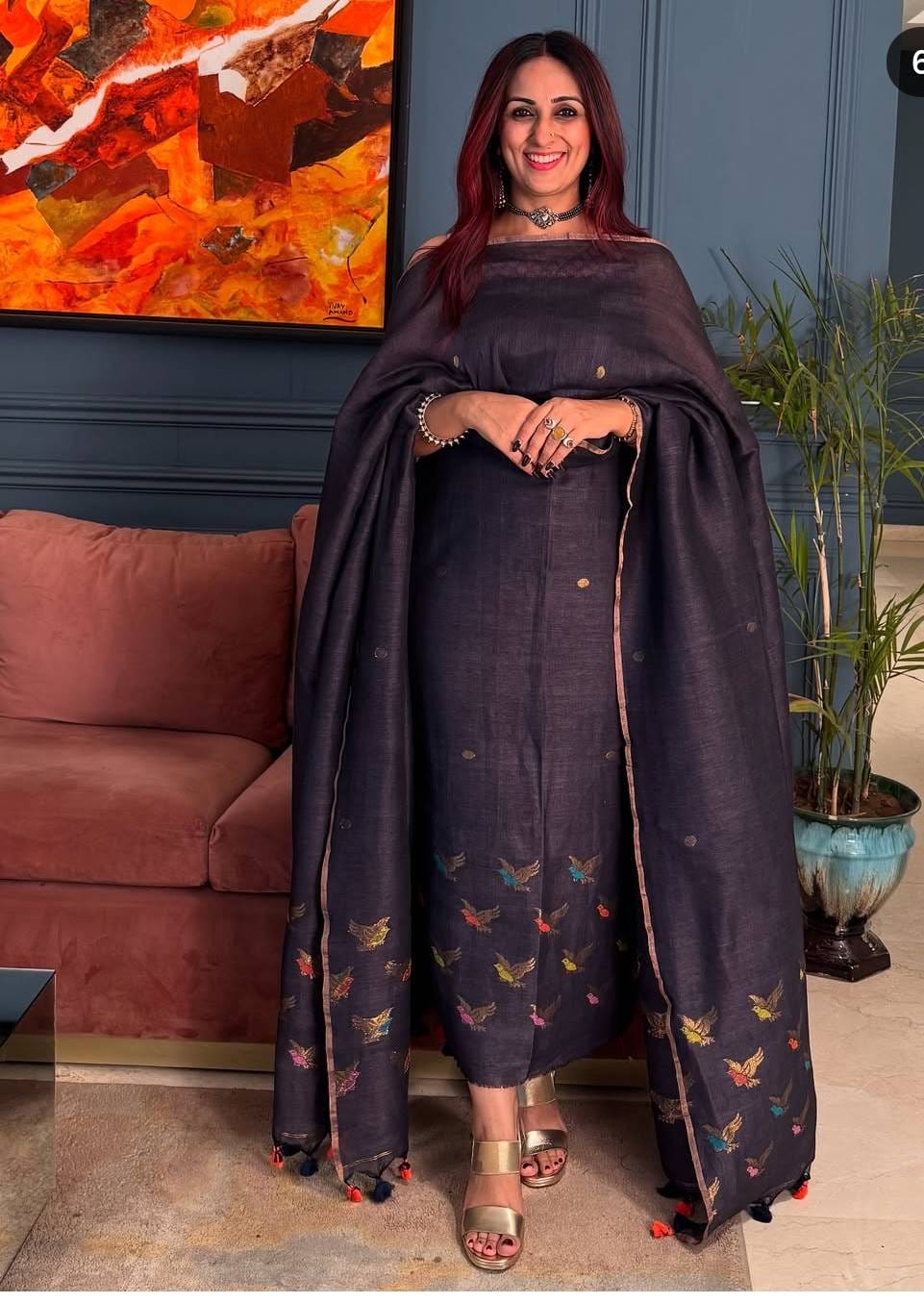 Navy Blue Handwoven Tissue Linen Suit – 2 Piece Set