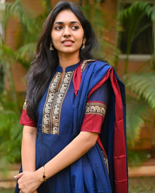 Royal Blue & Red Narayanpet Borders Handloom Suit Set