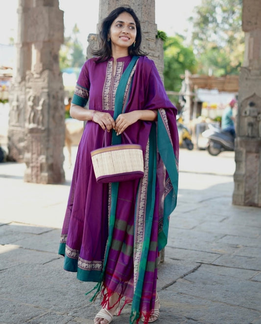 Royal Deep Purple & Teal Green Narayanpet Borders Handloom Suit Set