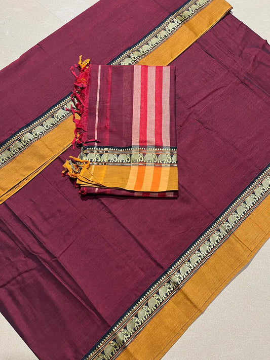 Deep Maroon with Mustard Yellow Narayanpet Border – Handloom Cotton Suit Material Set (With Dupatta)