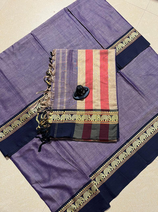 Lavender with Dark Navy Blue Narayanpet Border – Handloom Cotton Suit Material Set (With Dupatta)
