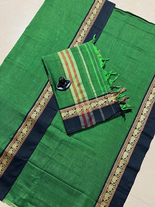 Leaf Green with Dark Navy Blue Border Narayanpet  – Handloom Cotton Suit Material Set (With Dupatta)