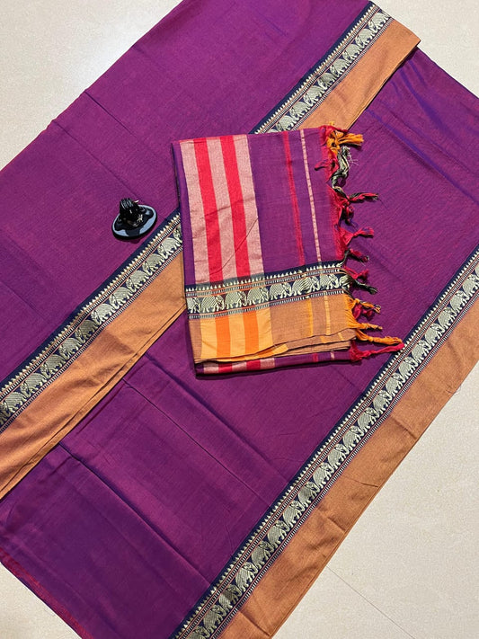 Deep Purple with Golden Brown Narayanpet Border – Handloom Mercerised Cotton Suit Material Set (With Dupatta)