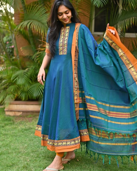 Sky Blue with Yellow Narayanpet Border – Handloom Mercerised Cotton Suit Material Set (With Dupatta)