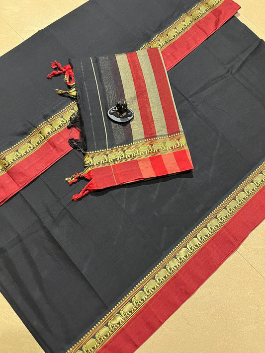 Dark Grey with Red Narayanpet Border – Handloom Mercerised Cotton Suit Material Set (With Dupatta)