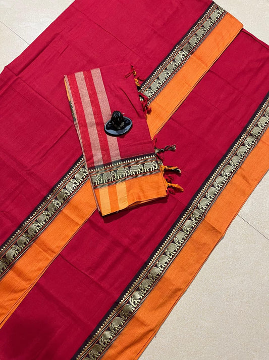 Maroon with Mustard Yellow Narayanpet Border – Handloom Mercerised Cotton Suit Material Set (With Dupatta)