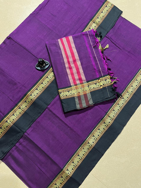 Purple with Black Narayanpet Border – Handloom Mercerised Cotton Suit Material Set (With Dupatta)