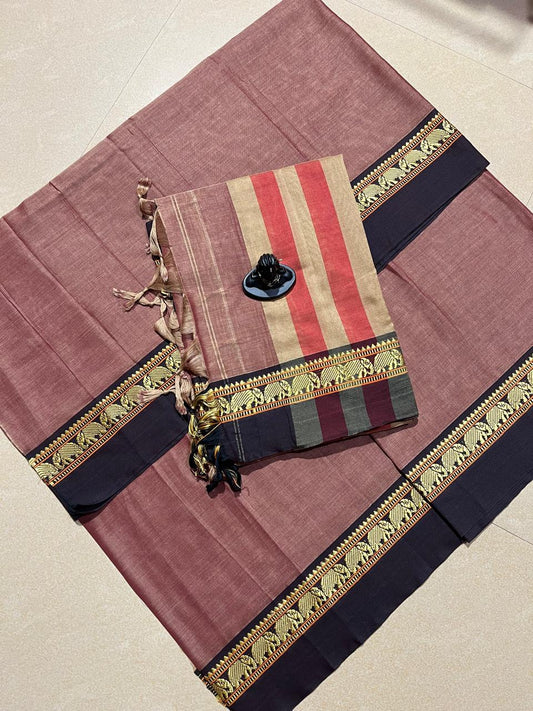 Dusky Pink with Black Narayanpet Border – Handloom Mercerised Cotton Suit Material Set (With Dupatta)